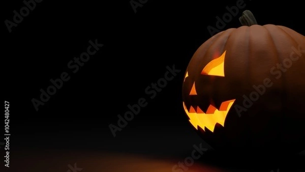 Fototapeta 3D rendering of Halloween pumpkin on dark background, with copy space.
