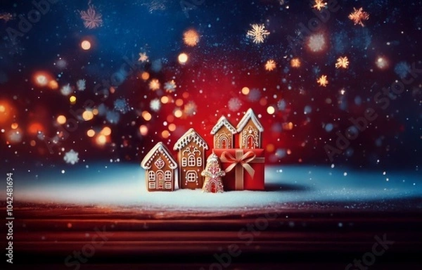 Obraz Gingerbread houses and a red gift box with a gold bow are on a snowy surface with bokeh lights and snowflakes in the background.