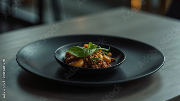 Fototapeta A Stylish Black Plate Artistically Set on a Minimalist Table, Showcasing the Art of Plating in Dining