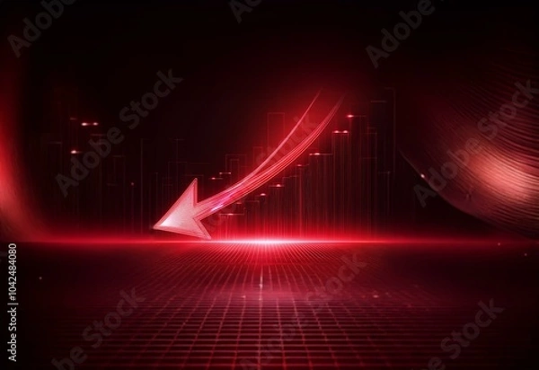 Fototapeta Red neon arrow pointing down over a red grid with lines of light.