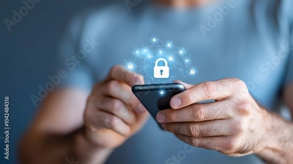 Fototapeta Secure mobile technology protecting personal information and data privacy on a smartphone screen held by a man