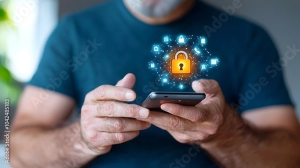 Fototapeta Futuristic cyber security concept featuring a man holding a mobile phone with a glowing lock icon on the screen representing the idea of digital data protection online privacy