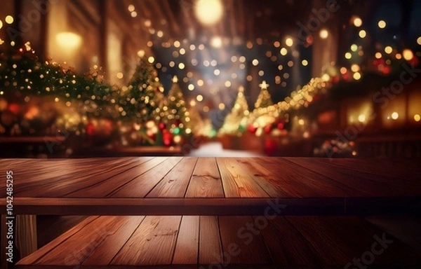 Fototapeta A wooden table sits in front of a background of defocused holiday lights and decorations.