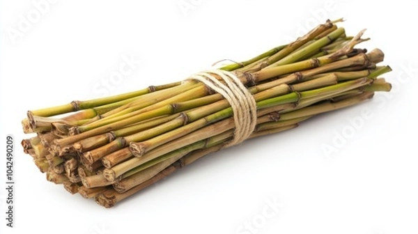 Fototapeta Bunch of bamboo stalks bundled together with string, isolated on white background