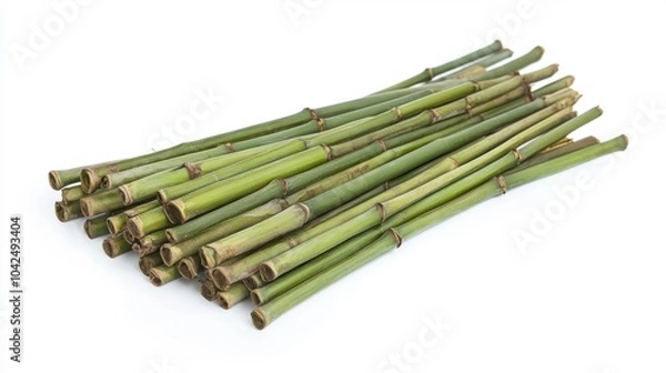 Fototapeta Group of thin green bamboo stalks arranged neatly, isolated on white background
