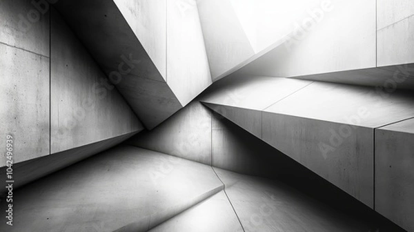 Fototapeta The image showcases a minimalist interior with sharp concrete angles creating dynamic lines and interplay of light and shadow in a modern architectural design.