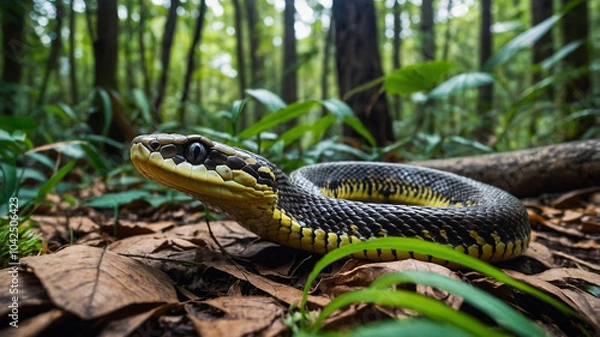 Fototapeta 4k close up snake in the forest junggle rock. python snake.