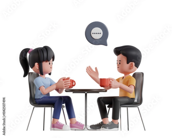 Fototapeta 3D Render Two Cartoon Characters Sitting Relaxed Having Interesting Conversation While Drinking Coffee