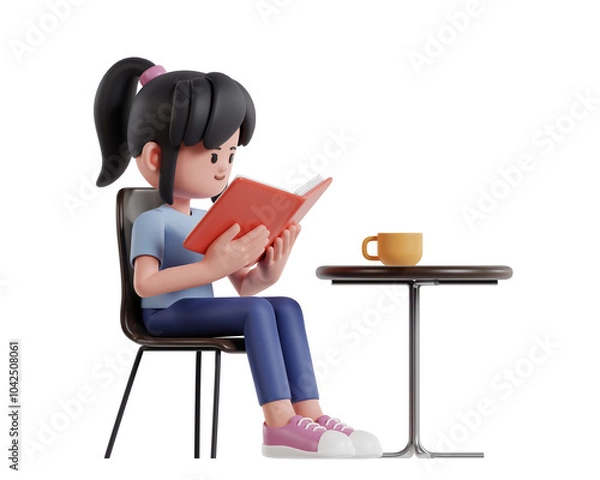 Fototapeta 3D Illustration of a Girl Reading a Book While Enjoying Coffee in a Cafe