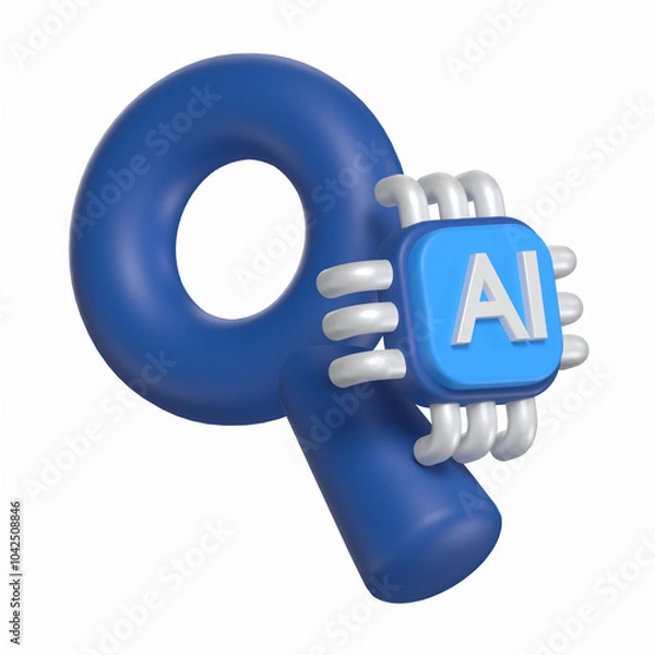 Fototapeta Ai Search Engine Illustrated With AI Chip And Magnifying Glass 3D Icon Artificial Intelligence  Model with Transparent Background