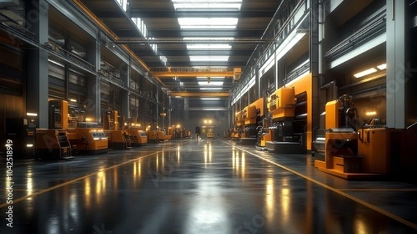 Obraz Industrial Factory Interior with Machinery and Yellow Lighting