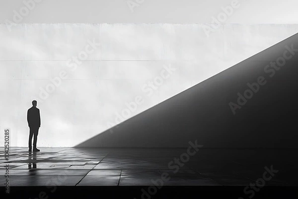 Fototapeta A solitary man stands in sharp contrast against a minimalist wall, bathed in light and shadow.