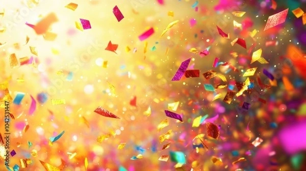 Fototapeta A vibrant celebration featuring soaring neon confetti against a shimmering golden backdrop