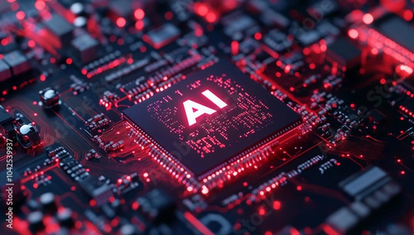 Fototapeta Futuristic Artificial Intelligence Chipset Integrated on Circuit Board with Glowing Red and Blue Lights