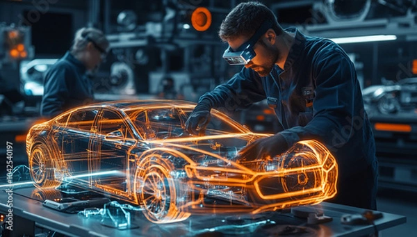 Fototapeta High-Tech Automotive Design Engineer Using AR to Develop 3D Model of Electric Car for Innovation