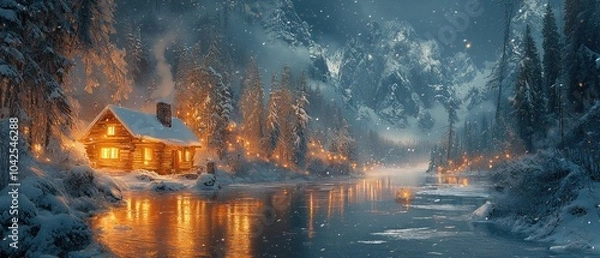 Fototapeta A Cozy Cabin Illuminated in a Snowy Forest by a Frozen Lake