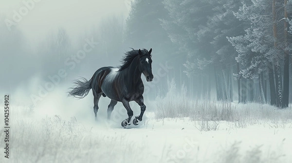 Obraz Black stallion running through the snow 