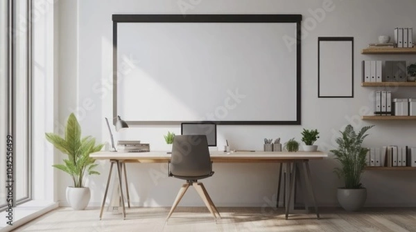 Fototapeta Modern minimalist home office with a large blank canvas, a desk, a chair, potted plants, and natural light streaming in from a window.