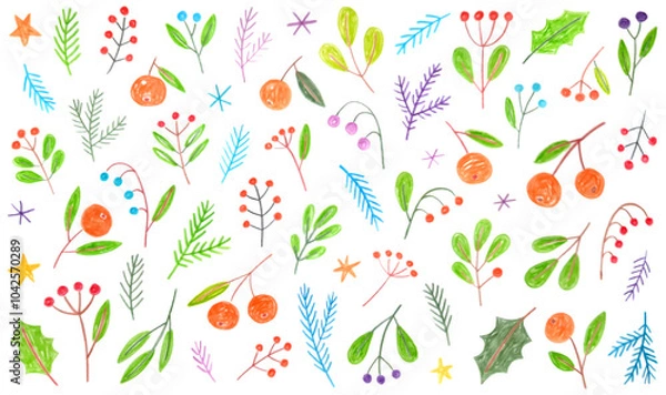 Fototapeta Big collection of different colorful Christmas branches, leaves, plants and berries. Doodle drawing by hand with colored pencils. Cute children's drawings with crayon. New Year.