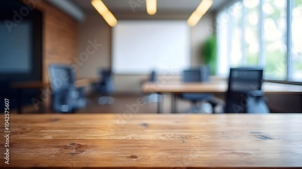 Fototapeta Wood table with blurred office room background, Generated Ai