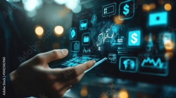 Fototapeta A person interacts with a smartphone displaying financial and data analytics graphics.