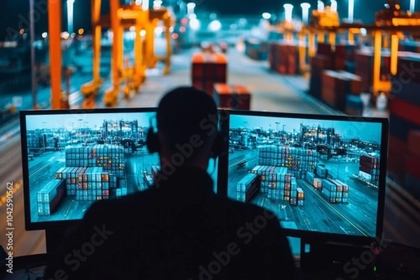 Fototapeta Depict customs agents monitoring surveillance footage of cargo areas. They are keeping an eye out for any suspicious activity, Generative AI 
