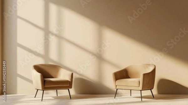 Fototapeta Minimalist interior featuring two modern chairs with soft lighting and shadow play.
