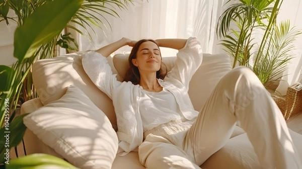 Fototapeta Happy woman relaxing on comfortable soft sofa enjoying stress free weekend at home, calm satisfied girl stretching on couch thinking of pleasant lazy day, dreaming and planning sunday morning. 