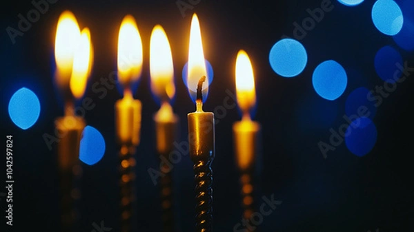 Fototapeta Candles glowing brightly during Hanukkah celebrations in a cozy room filled with festive decorations