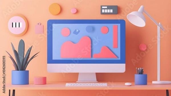 Fototapeta Minimalist Desk Setup with Computer  Keyboard  and Plant