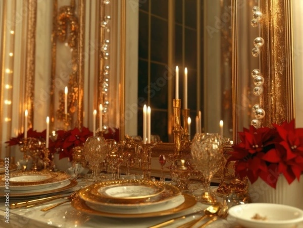 Obraz Luxurious christmas dining table setting with elegant decor and festive atmosphere for memorable holiday gatherings.Generative Ai