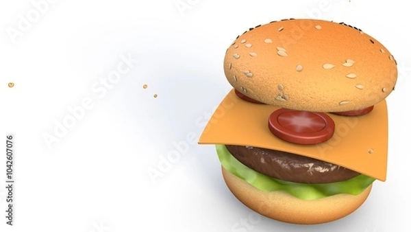 Fototapeta A visually appealing 3D burger with sesame seed bun, lettuce, a beef patty, cheddar cheese, and sliced tomatoes, floating in layers. The white background emphasizes the vibrant burger components.