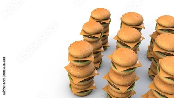 Fototapeta A collection of 3D cheeseburgers with sesame seed buns, beef patties, cheddar cheese, lettuce, and tomato slices, arranged in a neat formation. The white background emphasizes the burger details.