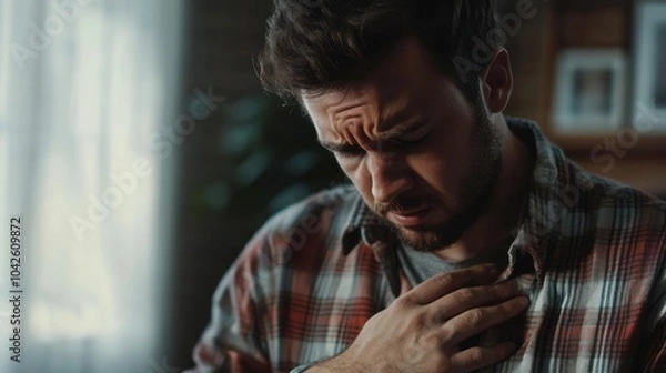 Fototapeta A man in distress, holding his chest, conveying a sense of worry or discomfort.