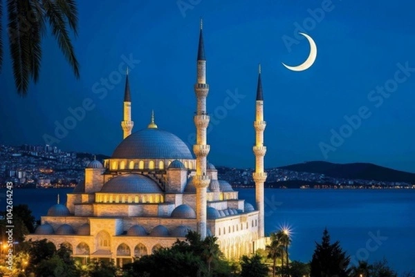 Fototapeta Gothic-style mosque at night, with dramatic lighting casting long shadows over the minarets and crescent moon