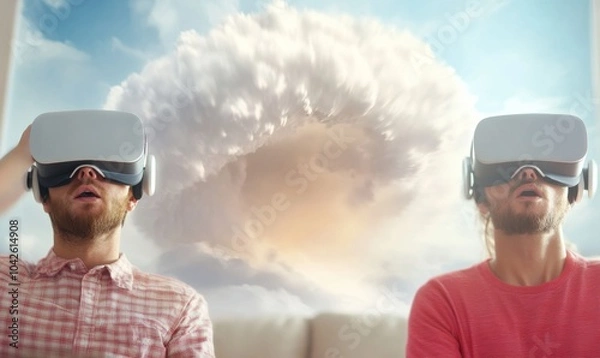 Obraz Immersive Virtual Reality Experience Two Men Explore Weather Phenomena Indoors