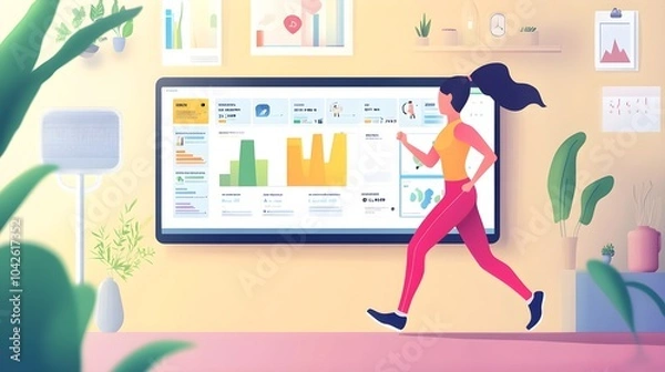 Fototapeta Woman Running On Treadmill With Fitness App On Screen