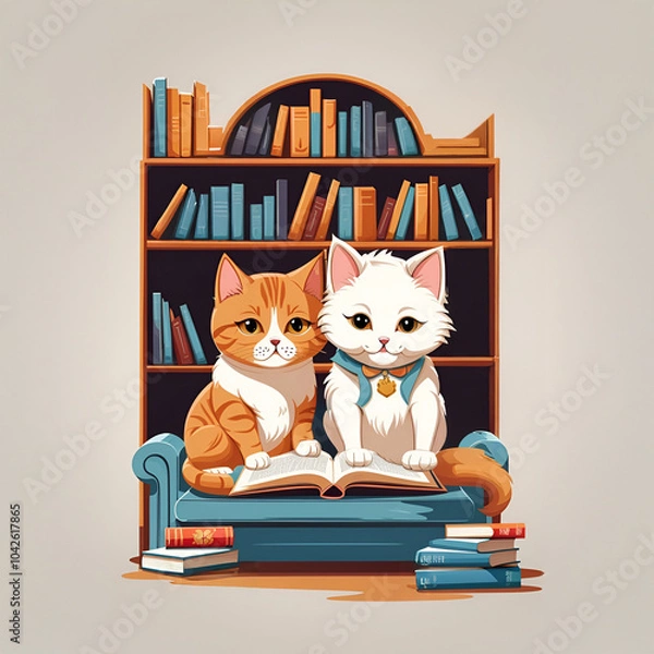 Fototapeta Two cats comfortably seated on bookshelves, amidst a collection of books, contributing to a warm and inviting environment.
