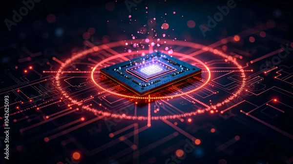 Obraz A glowing microchip surrounded by intricate digital patterns illustrating technology and innovation concepts