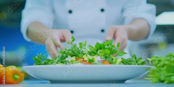 Obraz Chefs Hands Arranging Vibrant Vegetable Dish in Artistic Culinary Presentation