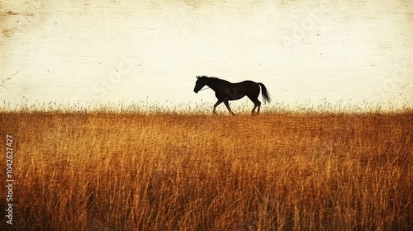 Fototapeta Silhouette of Horse Walking in Tall Grass Field with Vintage Texture