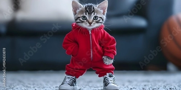 Obraz Anthropomorphic, American Shorthair kitten dressed in Tracksuit, basketball shoes, sophisticated outfit, Standing on both
