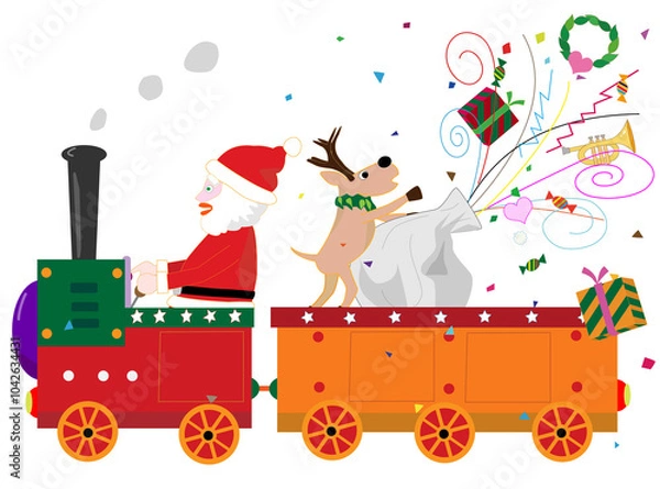 Fototapeta 蒸気機関車に乗ってクリスマスを楽しんでいるサンタクロースとトナカイ。