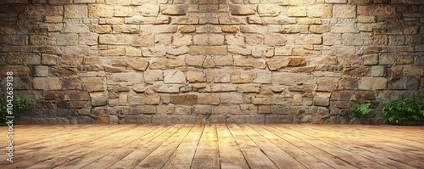Obraz A spacious interior with a rustic stone wall illuminated by soft lights. The warm wooden floor complements the textured background, enhancing the inviting atmosphere of the space.