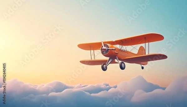 Fototapeta Vintage orange biplane flying above fluffy clouds under a colorful sunset sky.