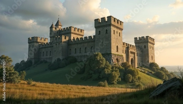 Fototapeta Medieval Castle on a Hill Surrounded by Lush Green Fields and Dramatic Sky, Showcasing Ancient Architecture and Historical Charm. 