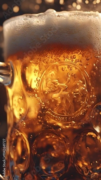 Fototapeta Isolated closeup of a cold glass of beer with bubbles, pouring from a bottle onto ice
