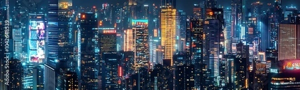 Fototapeta A vibrant city skyline illuminated by colorful lights at night, showcasing towering skyscrapers and a bustling urban atmosphere.