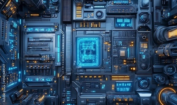 Fototapeta A futuristic, high-tech panel with a mix of glowing blue and orange lights, showcasing intricate circuits and electronic components.