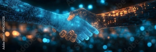 Obraz Digital blue handshake with glowing binary code, artificial intelligence in virtual business transactions, commitment deal or partnership, secure authentication protocols